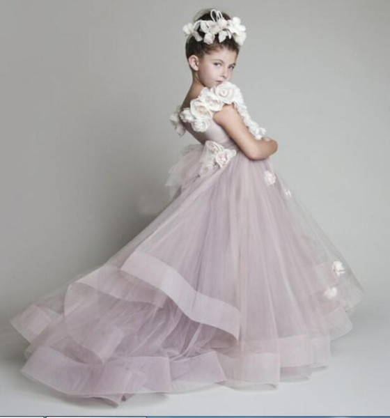 Lovely Flower Girls' Dresses Tulle Ruffled Handmade flowers grils evening dresses One-shoulder Girl's Pageant Dresses New collection