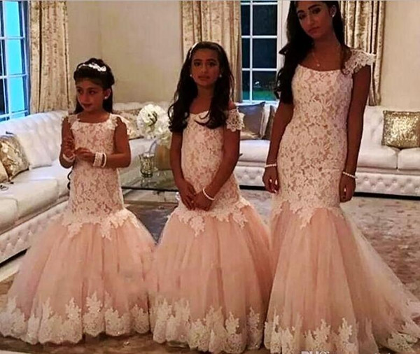 Cap Sleeves Long Flower Girls Dresses For Weddings Blush Pink Lace Mermaid Girls Pageant Dresses Kids Party Birthday Dress