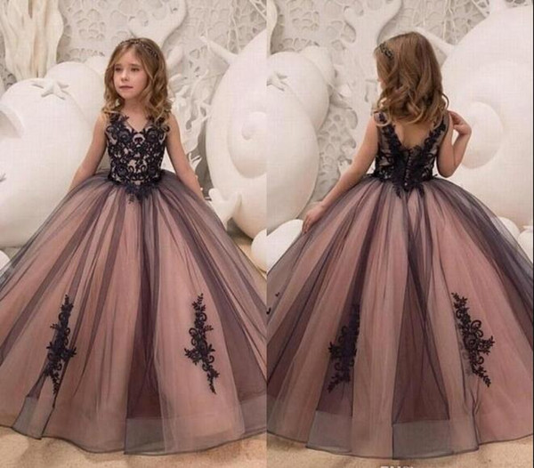 A Line Flower Girl Dresses Tulle Lace Applique Backless Floor Length Girl's pageant dresses Special Occasion Dress to Kids