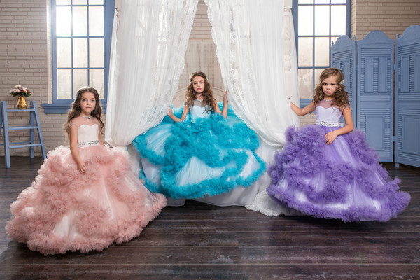 Flower Girls Dresses Puffy Ball Gown Cute Kids Formal Wedding Dress Short Sleeve Girls Pageant Dresses