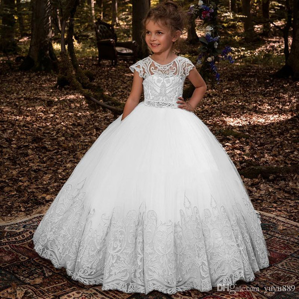 Lovey Holy Lace Princess Flower Girl Dresses Ball Gown First Communion Dresses For Girls Sleeveless Tulle Toddler Pageant Dresses