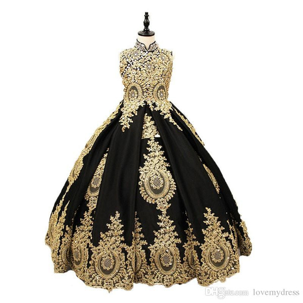 ZYLLGF Sexy Black And Gold Lace Flower Girls Dress High Neck Corset Back Crystal Ball Gown Designer First Communion Pageant Dress