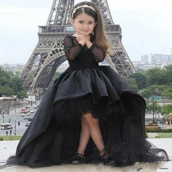 ZYLLGF Long Sleeves Little Girls Pageant Dresses Black High Low Jewel Flower Girl Dresses For Teens Formal Holy Communion Dresses