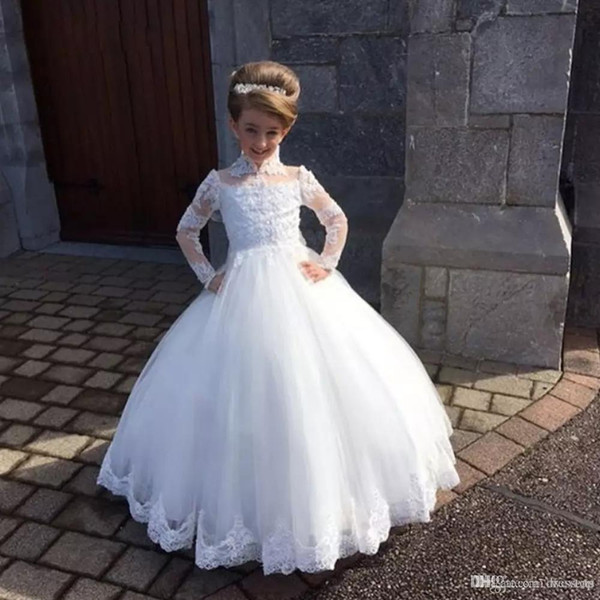 ZYLLGF White Ball Gown Flower Girls Dress for Wedding High Neck Full Sleeve Appliques Kid Holy Communion Gown Tulle Baptism Gowns