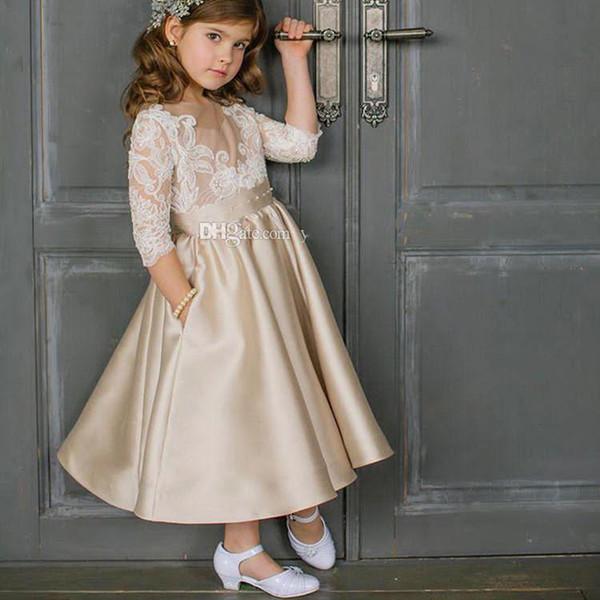 ZYLLGF Champagne Flower Girls Dresses For Weddings 3/4 Long Sleeves Lace Satin Ankle Length Girls Pageant Dresses Children Girls Party Dress