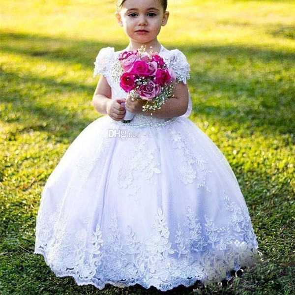 ZYLLGF Lovely Flower Girls Dresses For Weddings Cap Sleeves Ball Gown Girls Pageant Dress Back Sheer Lace Appliques First Communion Dress