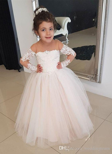 ZYLLGF Lace Ball Gown Flower Girl Dresses For Wedding Sheer Jewel Neck Toddler Pageant Gowns With Long Sleeves Tulle Kids Communion Dress