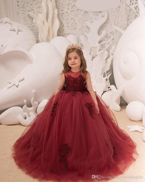 ZYLLGF Burgundy Ball Gown Tulle Flower Girls Dresses Jewel Neck Sleeveless Lace Appliqued Corset Back Kids Formal Wear for Weddings