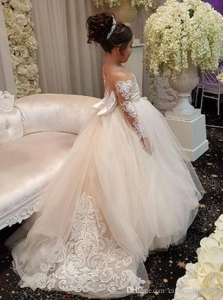 ZYLLGF Elegant Ball Gown Flower Girls Dresses For Weddings Sheer Neck Long Sleeves Applique Lace Tulle Children Dresses Girls Pageant Dress