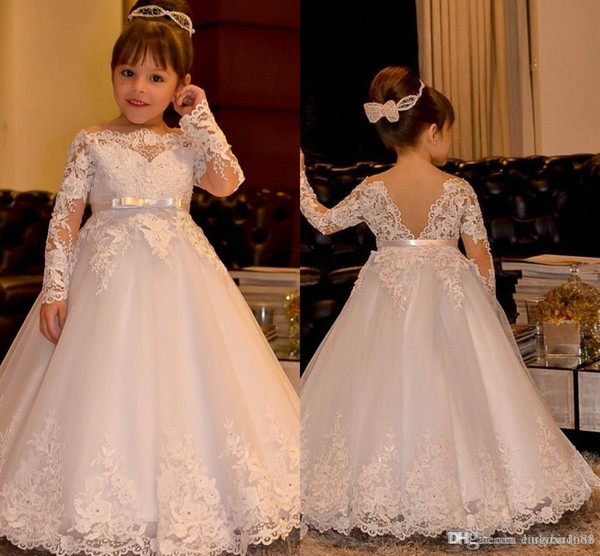 ZYLLGF Vintage Princess Flower Girls Dresses for Weddings Lace Long Sleeve Boat Neck Vintage Girl Pageant Gowns Cheap Holy Communion Dress