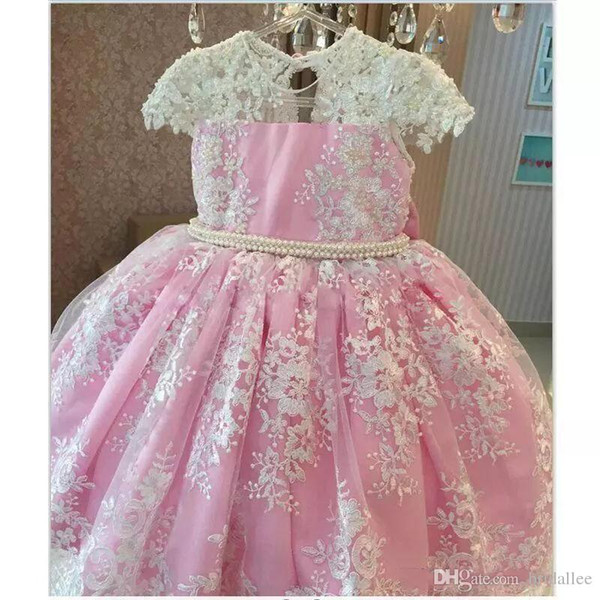 ZYLLGF Pink Girls Flower Dresses For Party Vestido Daminha Pearls Beaded Cap Sleeves Flower Girl Dress Lace First Communion Dress With Bow