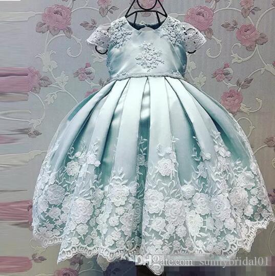 ZYLLGF New Satin Flower Girl Dresses Ball Gown Jewel Cap Sleeve Floor Length Girls Pageant Dresses With Lace Applique