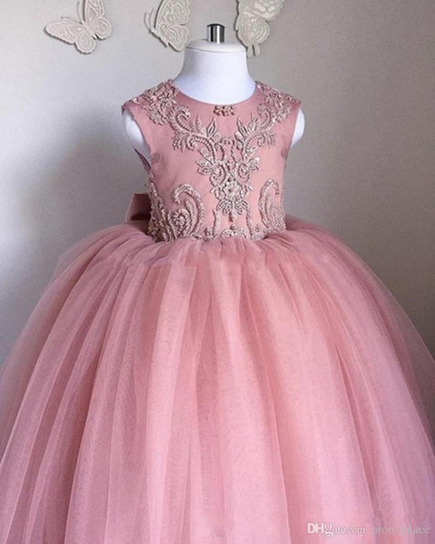 ZYLLGF Pink Flower Girls Dresses Jewel Neck Sleeveless Lace Appliques Tulle Girl Pageant Gowns Birthday Dresses With Big Bow