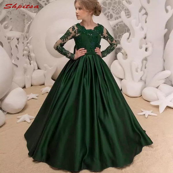 ZYLLGF Green Long Sleeve Flower Girl Dresses for Weddings Satin Kids First Communion Pageant Dresses With Back Bow