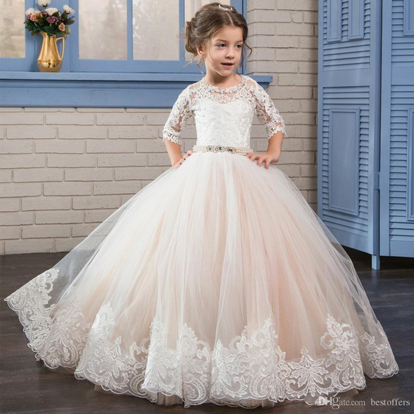 ZYLLGF Puffy Kids Prom Graduation Holy Communion Dresses Half Sleeves Long Pageant Ball Gown Dresses For Flower Little Girls Dress