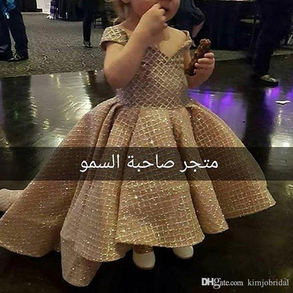 ZYLLGF Flower Girls Dresses Off the Shoulder Bling Bling Sequins High Low Gold Ball Gown Little Girls Party Dresses Pageant Dresses