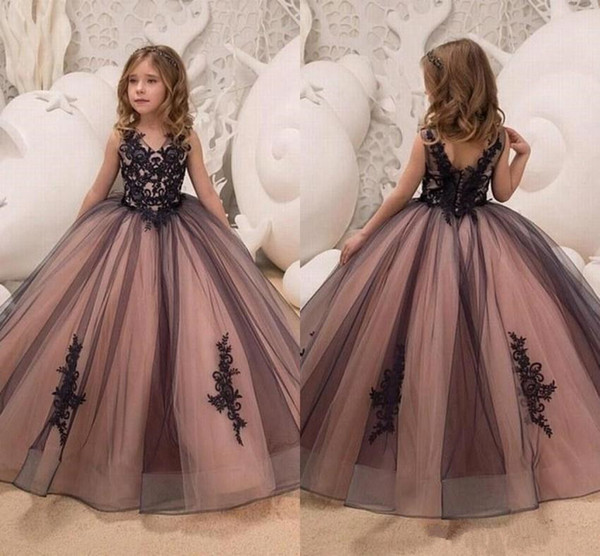 Black and Pink Gothic Flower Girls Dresses Floor Length Tulle Girls Pageant Dresses Lace Princess Birthday Party Dresses New F010