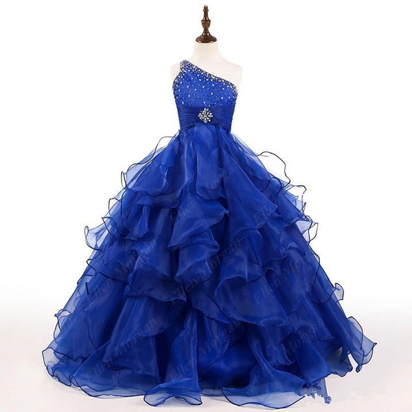 Royal Blue Princess Flower Girl Dresses Bling Bling Crystals One Shoulder Organza Ruffled A-Line Long Girls Birthday Party Gowns F20