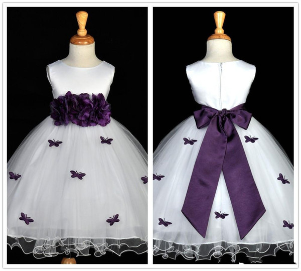 Lovely White and Purple Flower Girls Dresses Floor Length Matched Bow Flower Sash Princess Tulle Child First Communion Dress Custom F002