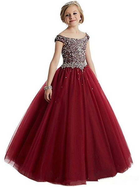 Bling Bling Princess Long Flower Girl Dresses New Off-the-shoulder Beads Crystals Tulle Ball Gown Kid's Gowns Child Pageant Dress F53