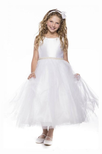 White Princess Flower Girl Dresses New Beads Sash Tulle Girl Pageant Gowns Simple Style Ankle Length Girls Birthday Party Gowns F21