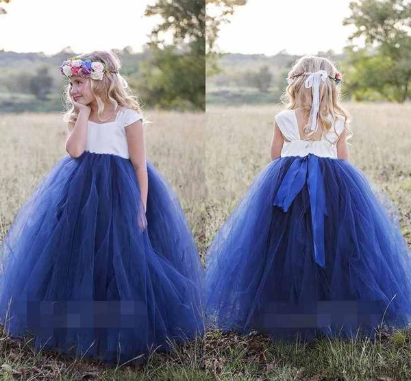 White and Blue Princess Flower Girl Dresses New Cap Sleeve Floor Length First Communion Gowns Tulle Ball Gown Girls Pageant Dresses F79