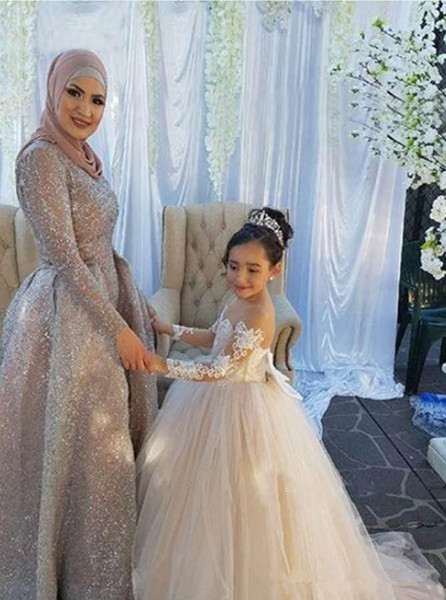 Cute Princess Tulle Flower Girl Dresses Applique Bow Ball Gown Long Sleeve Sheer Lace Girls Birthday Pageant Dresses Hot Selling F65