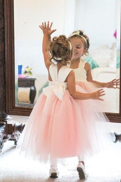 White and Pink Princess Flower Girls Dresses Matched Bow Ball Gown Ankle Length Tulle Child First Communion Dresses 2019 New Design F010