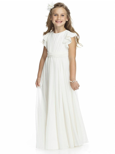 White Chiffon Long Flower Girl Dresses Matched Sash Pleats A-Line Cap Sleeve Boho First Communion Gowns Kids Formal Gowns for Weddings F056