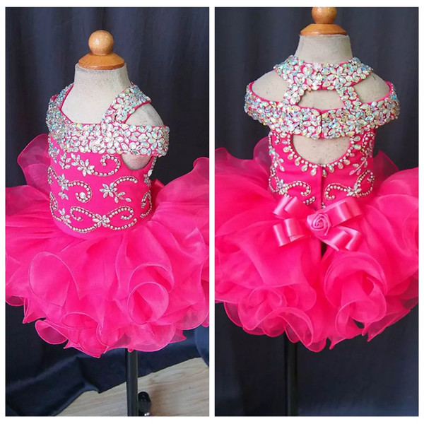 Gorgeous Baby Girls Glitz Crystal Beaded Pageant Cupcake Gowns Infant Mini Short Skirts Toddler Girls Ruffles Flower Girls Dress