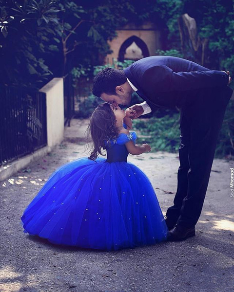 Royal Blue Princess Flower Girls Dresses Floor Length Crystals Beads Off-the-shoulder Ball Gown Tulle Girls Pageant Communion Dress F001