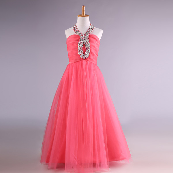 Beaded Crystal Long Tulle Flower Girl Dress Halter Neck Communion Dress Floor Length Kids Prom Dresses