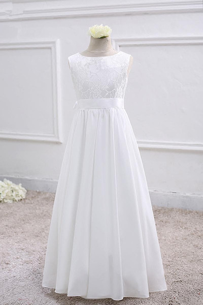 Bateau Neck Soft Satin Flower Girl Dress With Lace Embroidery 2019 Floor Length Princess Communion Dress