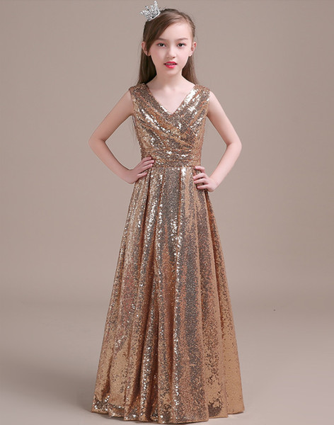 Gold Sequins V Neck Flower Girl Dress for Wedding 2019 Floor Length Kids Gowns New First Communion Dresses