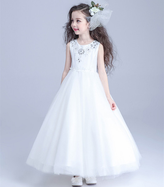 Jewel Neck Tulle Flower Girls Dresses with Lace Rhinestone 2019 Floor Length Kids Gowns White Communion Dresses