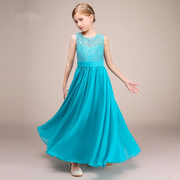 Jewel Neck Lace Chiffon Flower Girl Dress 2019 Floor Length Girls Dresses Elegant Kids Gowns