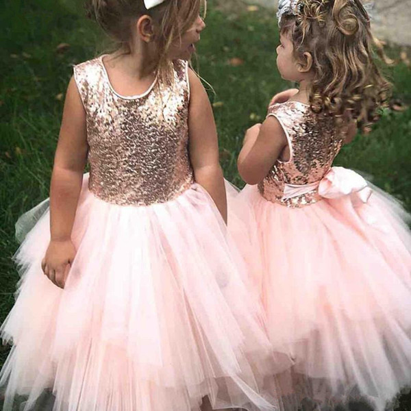 Jewel Neck Tulle Floor Length Flower Girl Dresses with Rose Gold Sequin Top Wedding 2019 Communion Dress