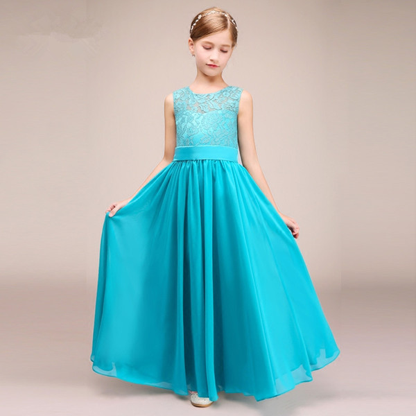 Jewel Neck Lace Chiffon Flower Girl Dresses 2019 Floor Length Communion Dresses New Kid Evening Gowns