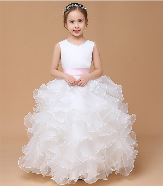 Jewel Neck Organza Flower Girl Dress with Ruffles Floor Length Birthday Dress Kids Prom Gowns