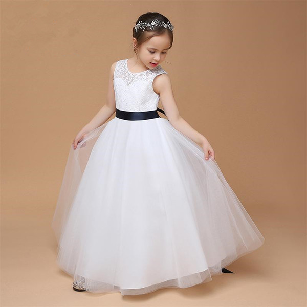 Jewel Neck Lace Tulle Flower Girl Dresses for Wedding 2019 Floor Length Kids Gowns with Sash