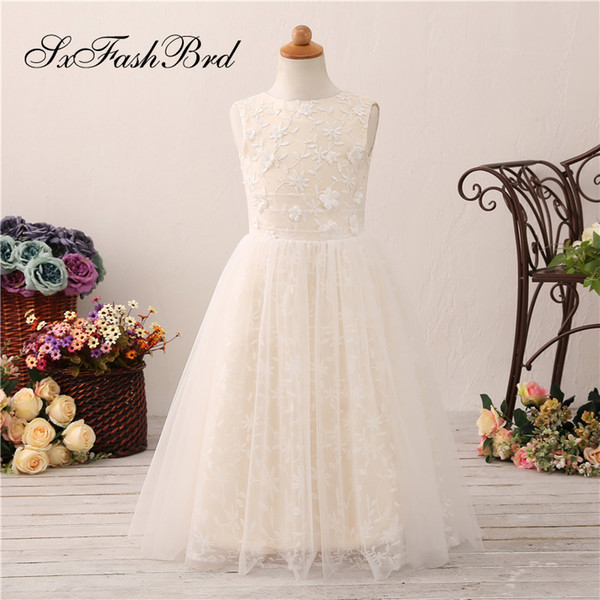 Lovely Flower Girl Dresses O Neck With Lace Open Back A Line Long Tulle Girl Pageant Dress Kids Formal Wear Wedding Party Dresses