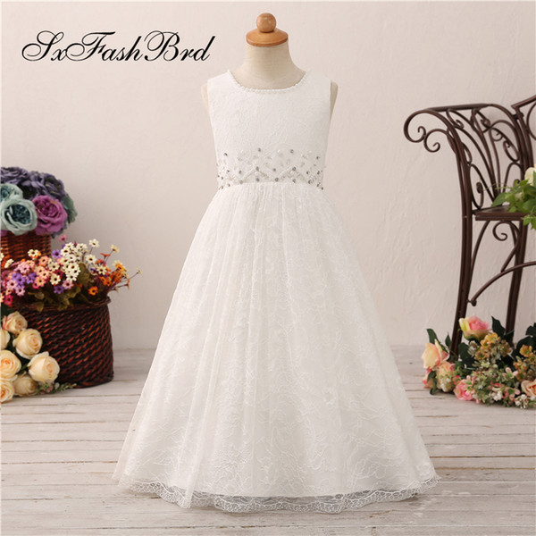 Lovely Flower Girl Dresses O Neck With Pearls A Line Long Lace Girl Pageant Dress Kids Formal Wear Wedding Party Dresses