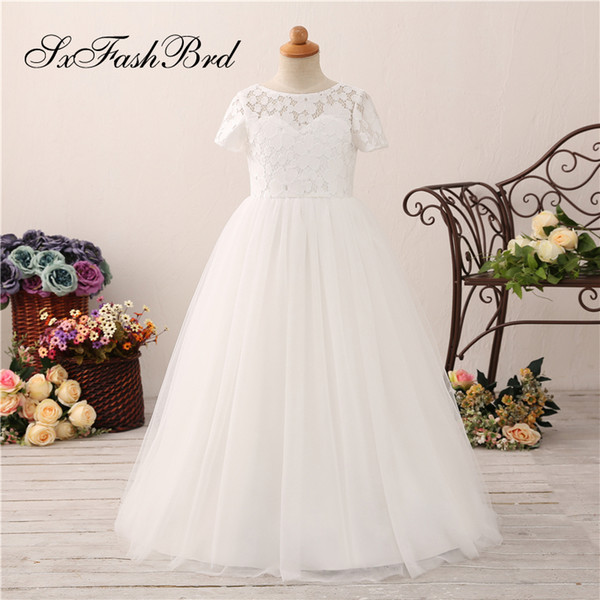 Lovely Flower Girl Dresses O Neck Short Sleeves Ope Back A Line Long Girl Pageant Dress Kids Formal Wear Wedding Party Dresses