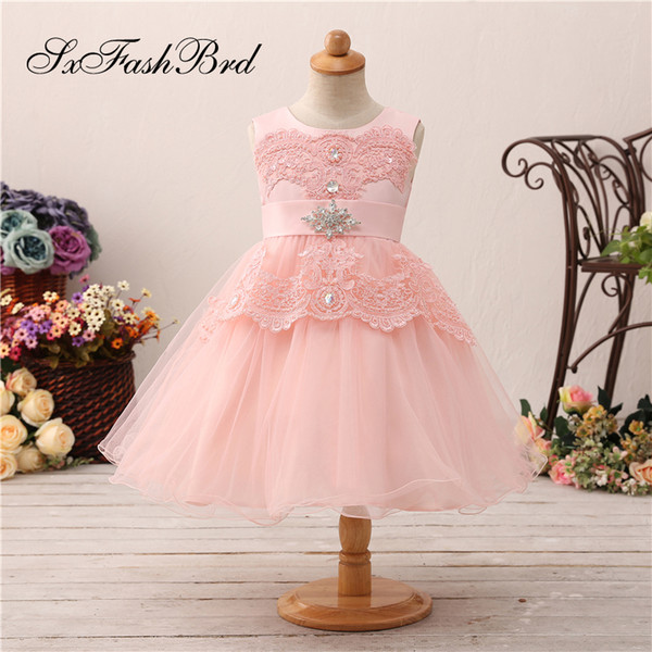 Fashion Lovely Flower Girl Dresses O Neck With Appliques A Line Pink Tulle Girl Pageant Dress Kids Formal Wear Wedding Party Dresses