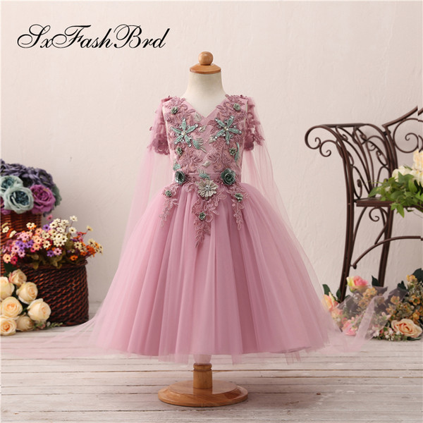 Fashion Lovely Flower Girl Dresses V Neck With Appliques A Line With Shawl Tulle Girl Pageant Dress Kids Formal Wear Wedding Party Dresses