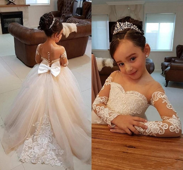 Long Sleeves Flower Girls Dresses With Lace Appliques Beads Bow Sheer Neckline Girl Pageant Dress Birthday Kids Communion Dress