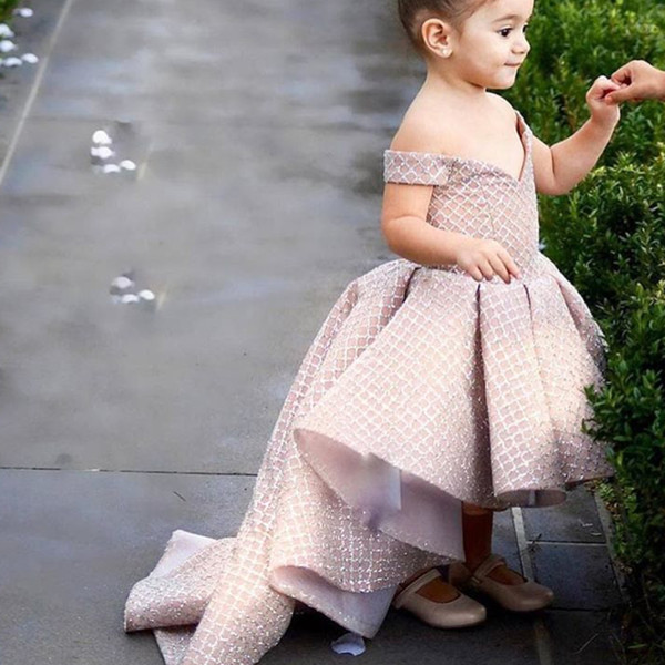 Champagne Flower Girls Dresses Off the Shoulder Sequins Ball Gown Ruffle High Front and Low Back Little Girls Pageant Dresses Gowns