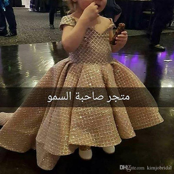 Flower Girls Dresses Off the Shoulder Bling Bling Sequins High Low Gold Ball Gown Little Girls Party Dresses Pageant Dresses