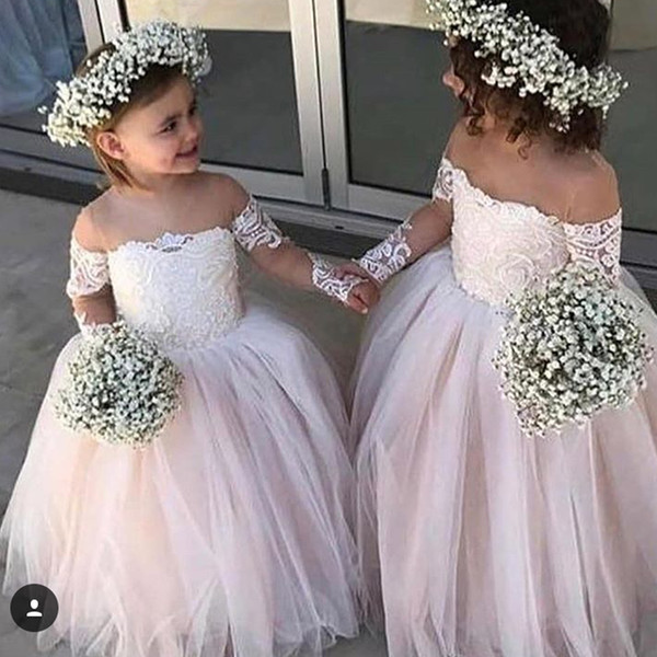 Ball Gown Little Flower Girls Dresses Off the Shoulder Lace Appliques Beading Sequins Long Sleeve Floor Length Little Flower Girls Dress