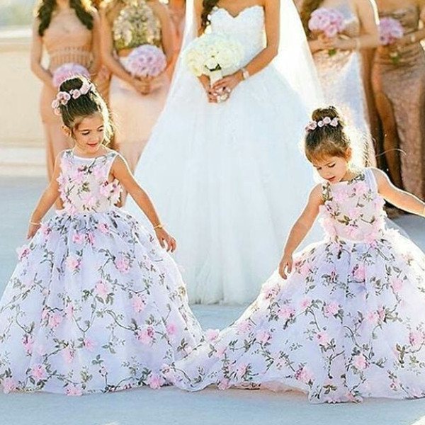 Ball Gown Flower Girls Dresses Crew Neckline Hand Made Flowers Puffy Floor Length Little Girls Pageant Dresses Gowns